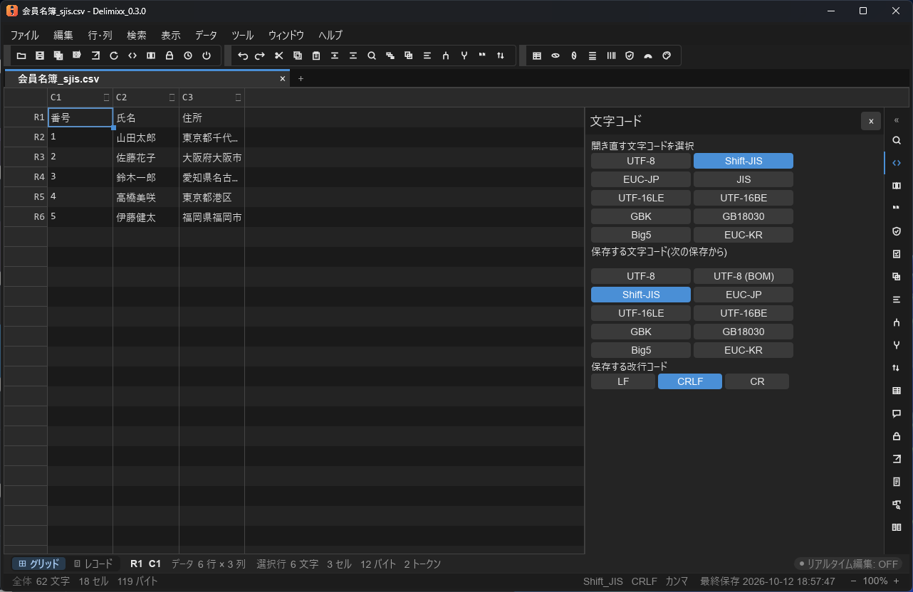 ファイルの文字コードを判定した結果を示すパネル