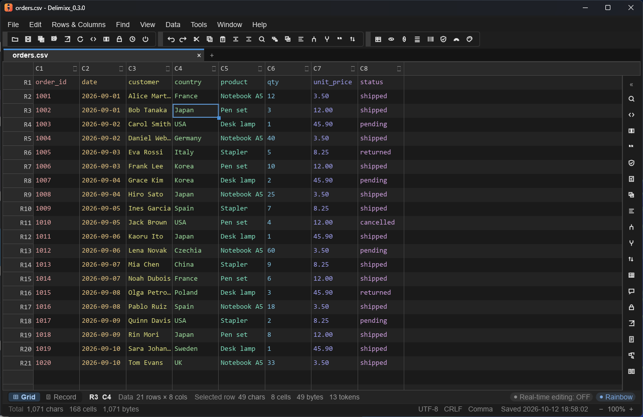 Rainbow column colors making column boundaries easy to follow