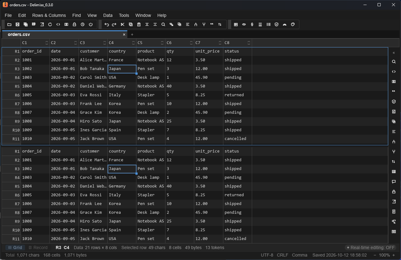 Split view with two panes over the same file